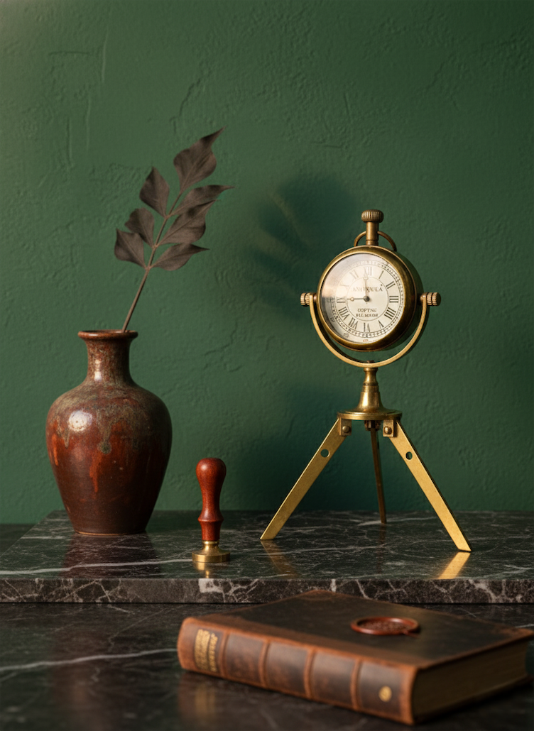 Antiqula Magnus 6.3 – Vintage Brass Tripod Desk Clock with Engraved Quote