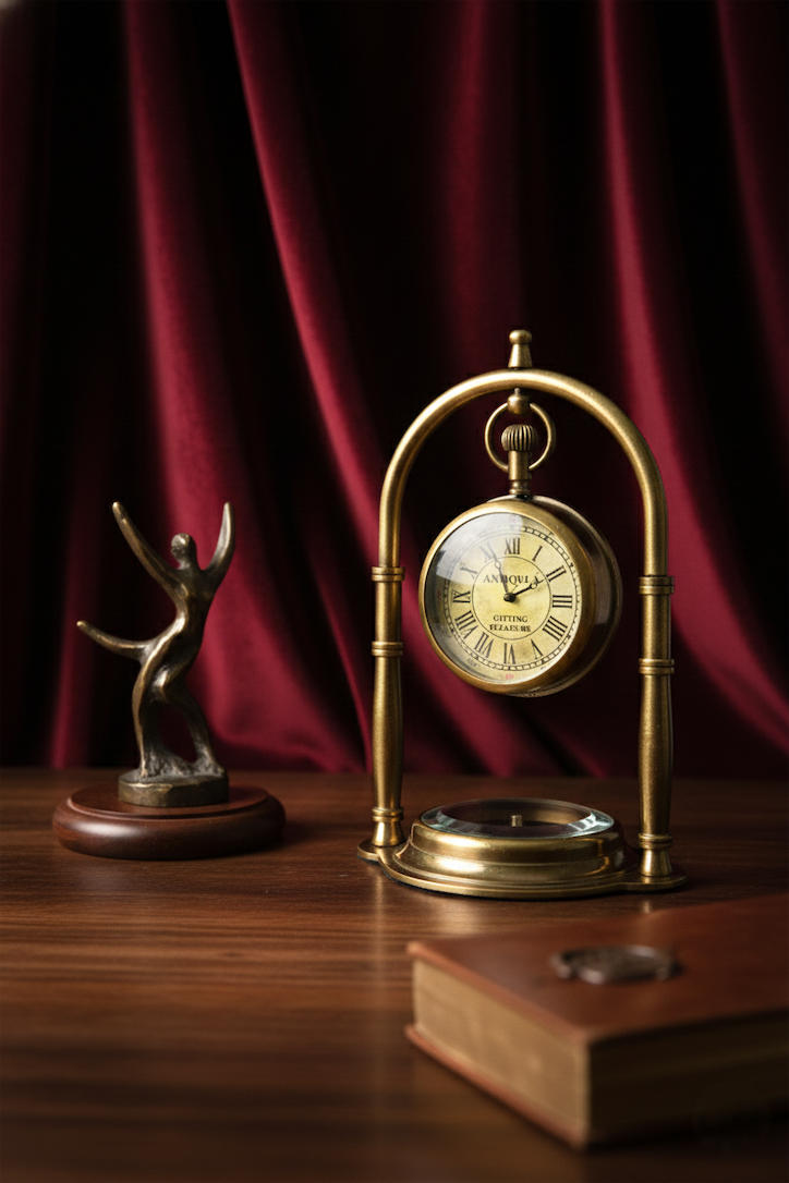 Antiqula Magnus 6.4 – Vintage Brass Arch Desk Clock with Compass & Engraved Quote