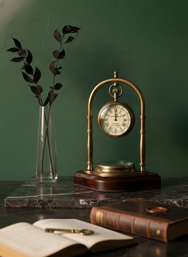 Antiqula Magnus 6.5 – Vintage Brass & Sheesham Wood Desk Clock with Compass & Engraved Quote