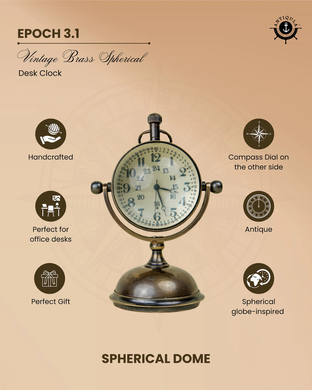 Antiqula Epoch 3.1 Vintage Brass Spherical Desk Clock