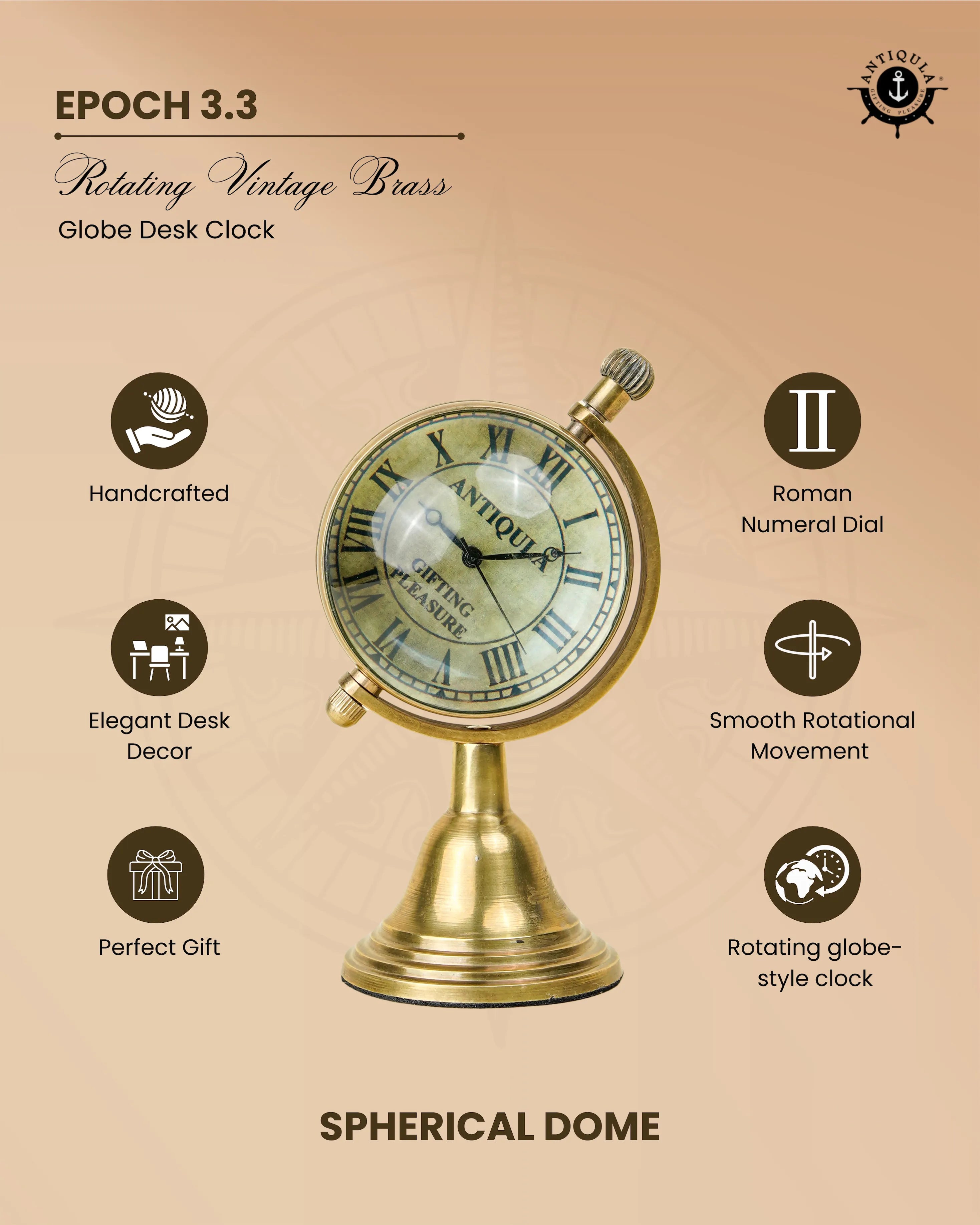 Antiqula Epoch 3.3 – Rotating Vintage Brass Globe Desk Clock