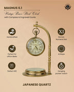 Antiqula Magnus 6.1 – Vintage Brass Desk Clock with Compass & Engraved Quote