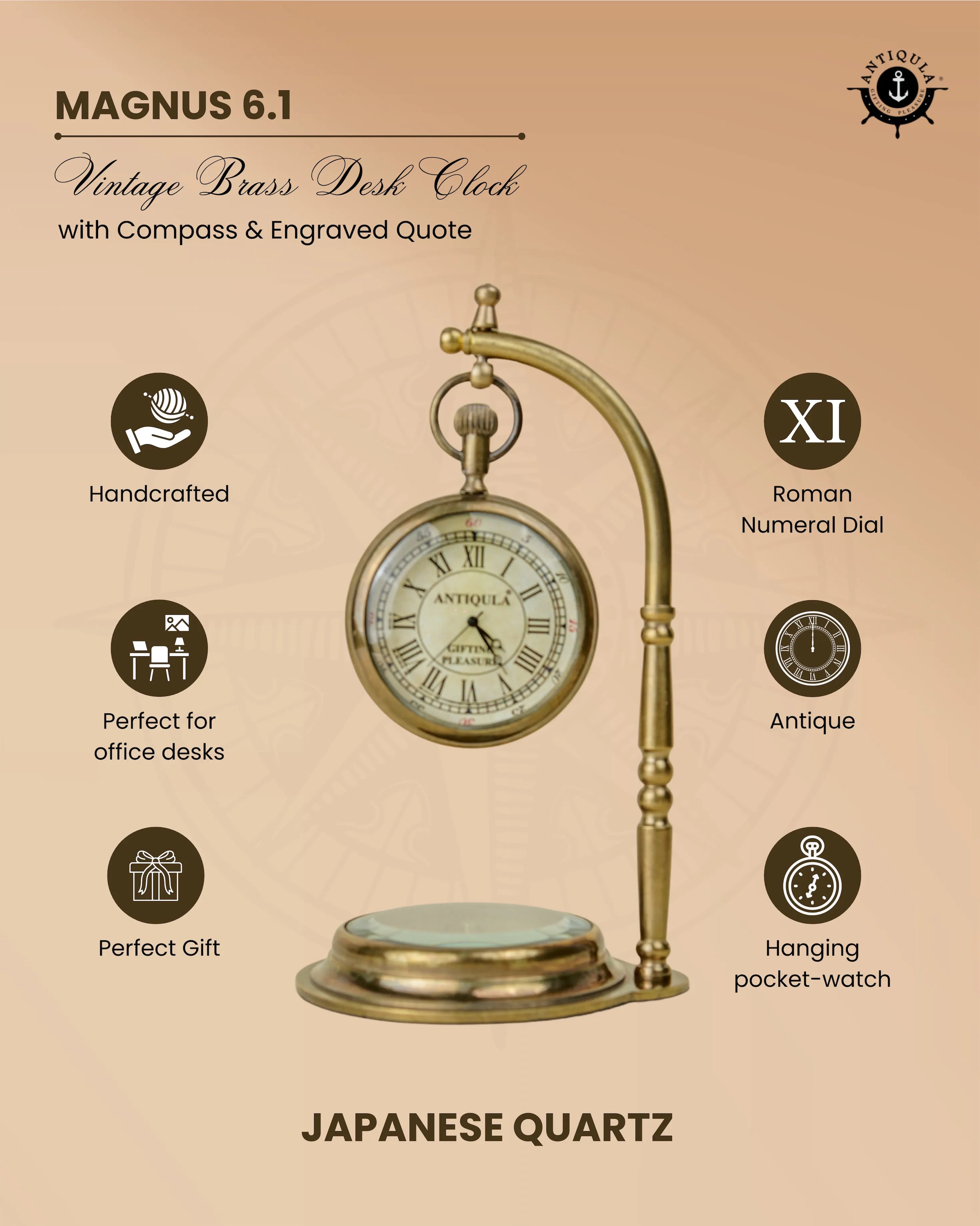 Antiqula Magnus 6.1 – Vintage Brass Desk Clock with Compass & Engraved Quote