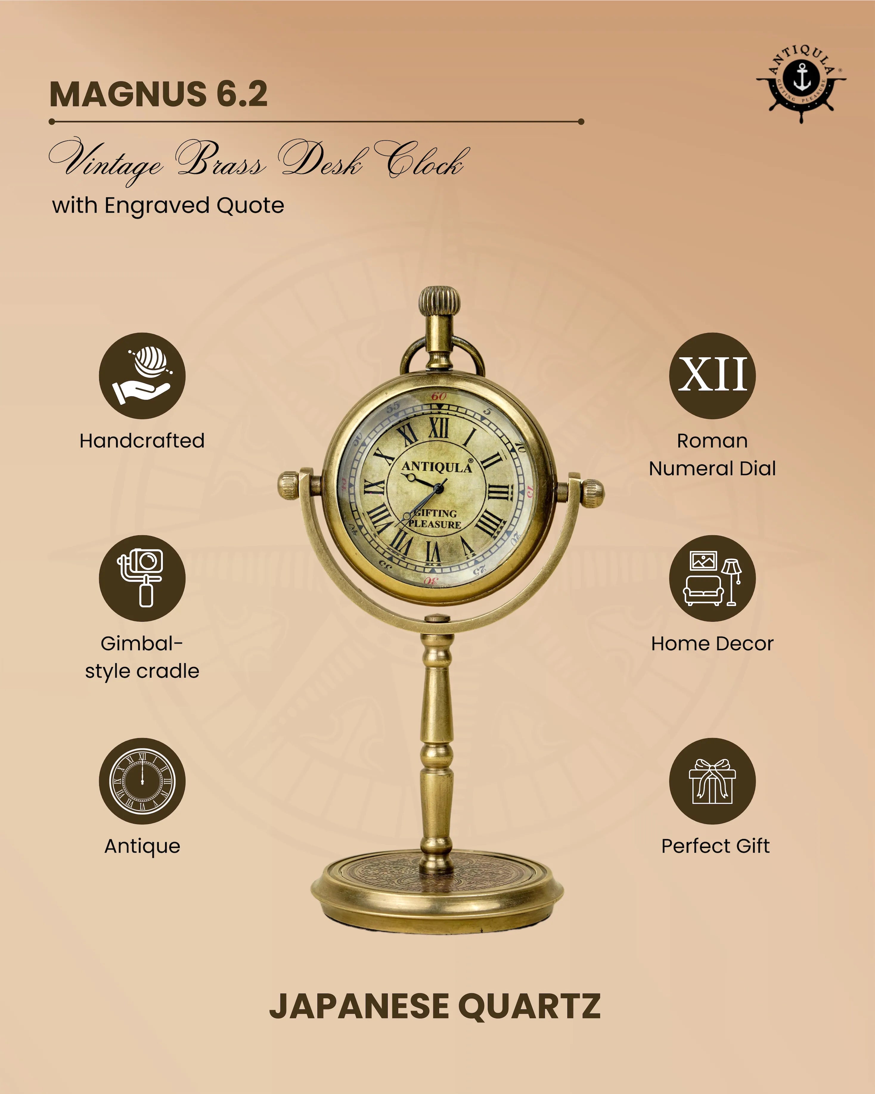 Antiqula Magnus 6.2 - Vintage Brass Desk Clock with Engraved Quote