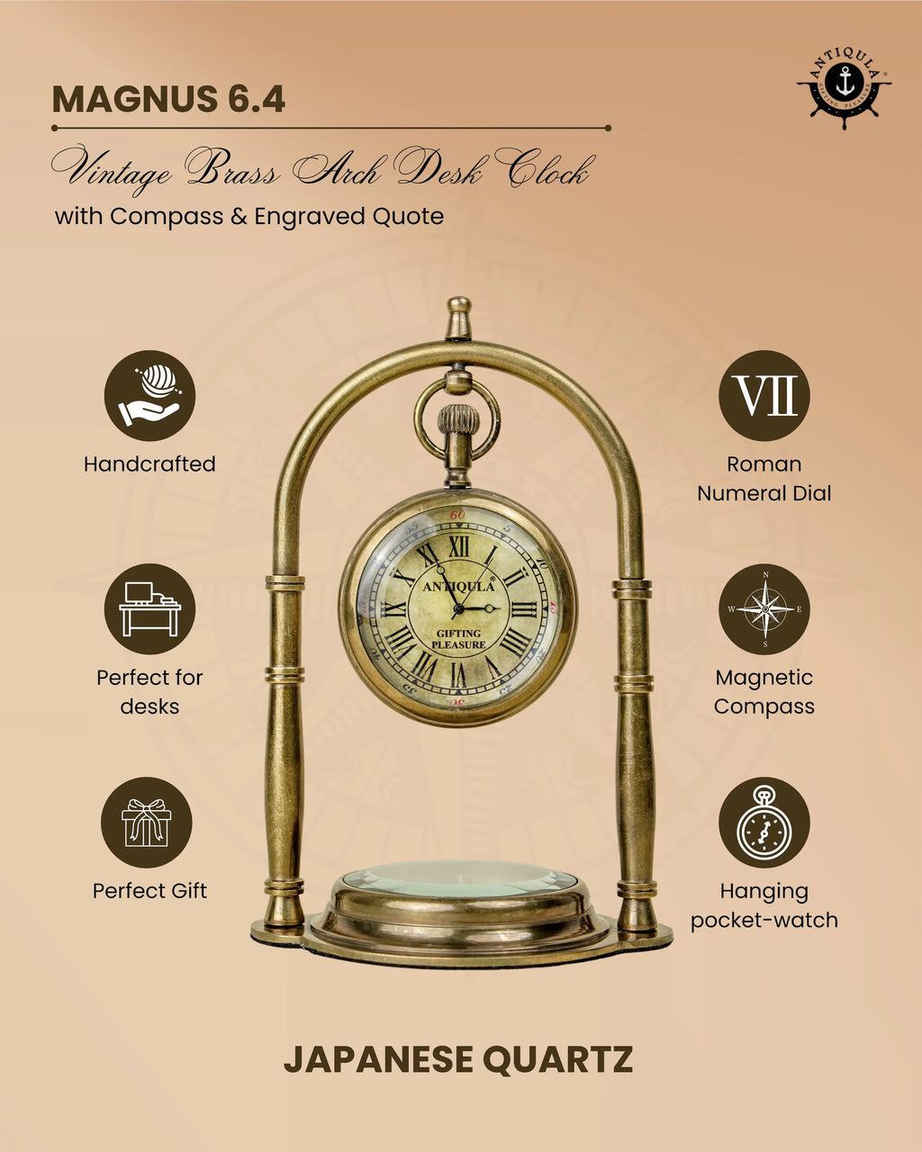 Antiqula Magnus 6.4 – Vintage Brass Arch Desk Clock with Compass & Engraved Quote