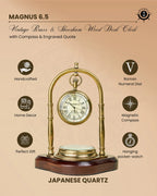 Antiqula Magnus 6.5 – Vintage Brass & Sheesham Wood Desk Clock with Compass & Engraved Quote